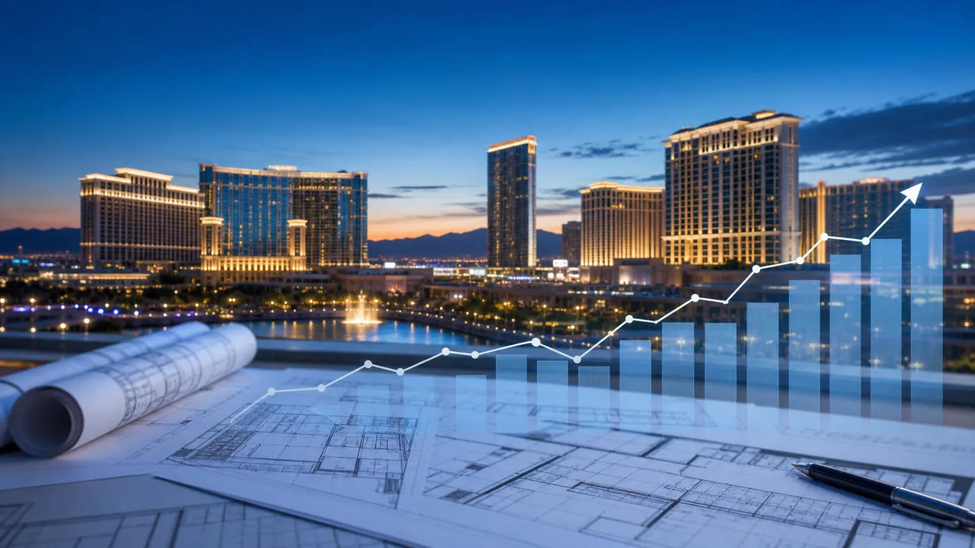 Generic Las Vegas resort portfolio with architectural plans and a restrained upward financial chart