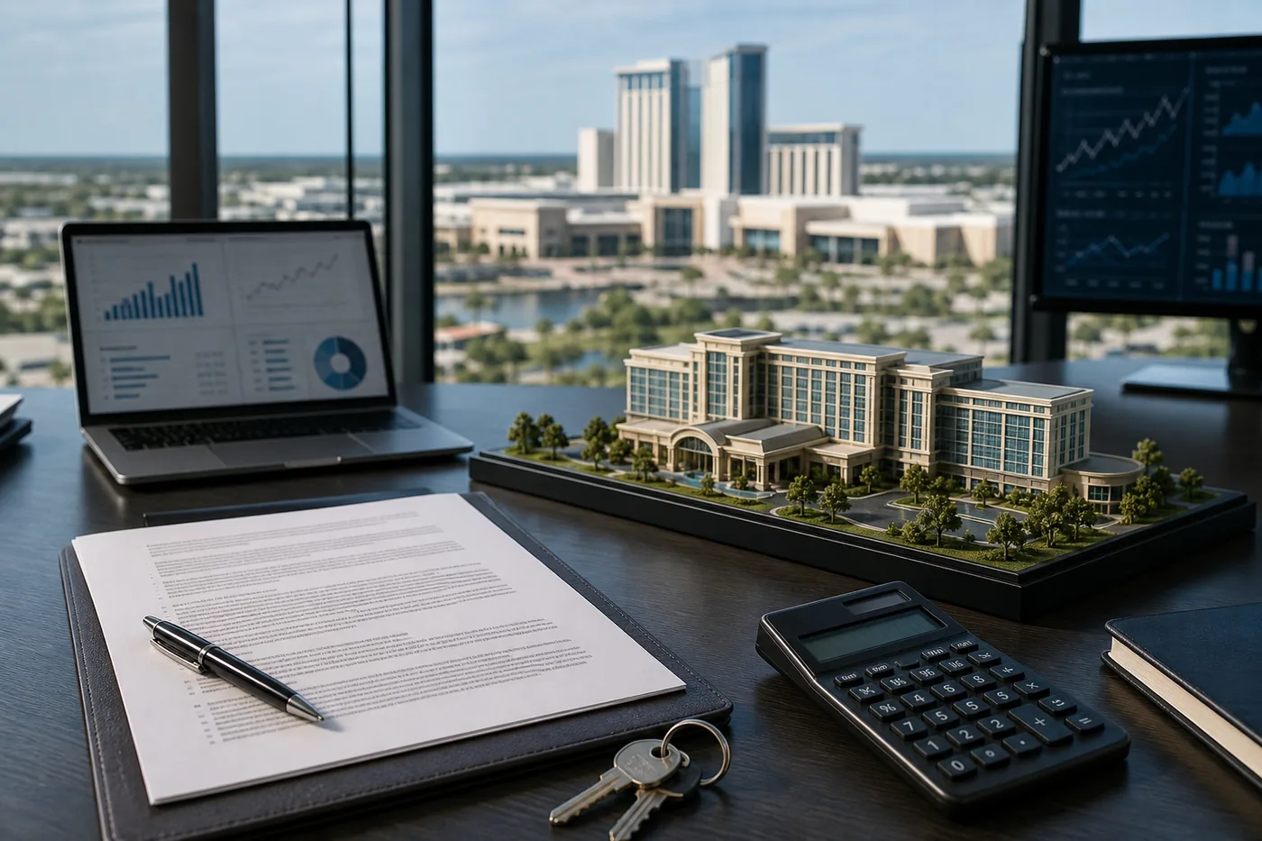 Casino resort property model, lease papers and financial screens illustrating long-term real-estate income