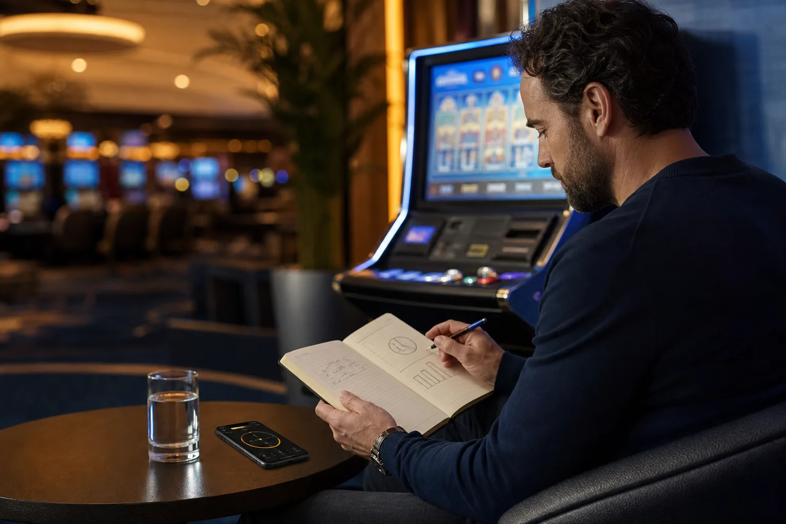 Adult casino player writing a gambling budget before playing slot machines