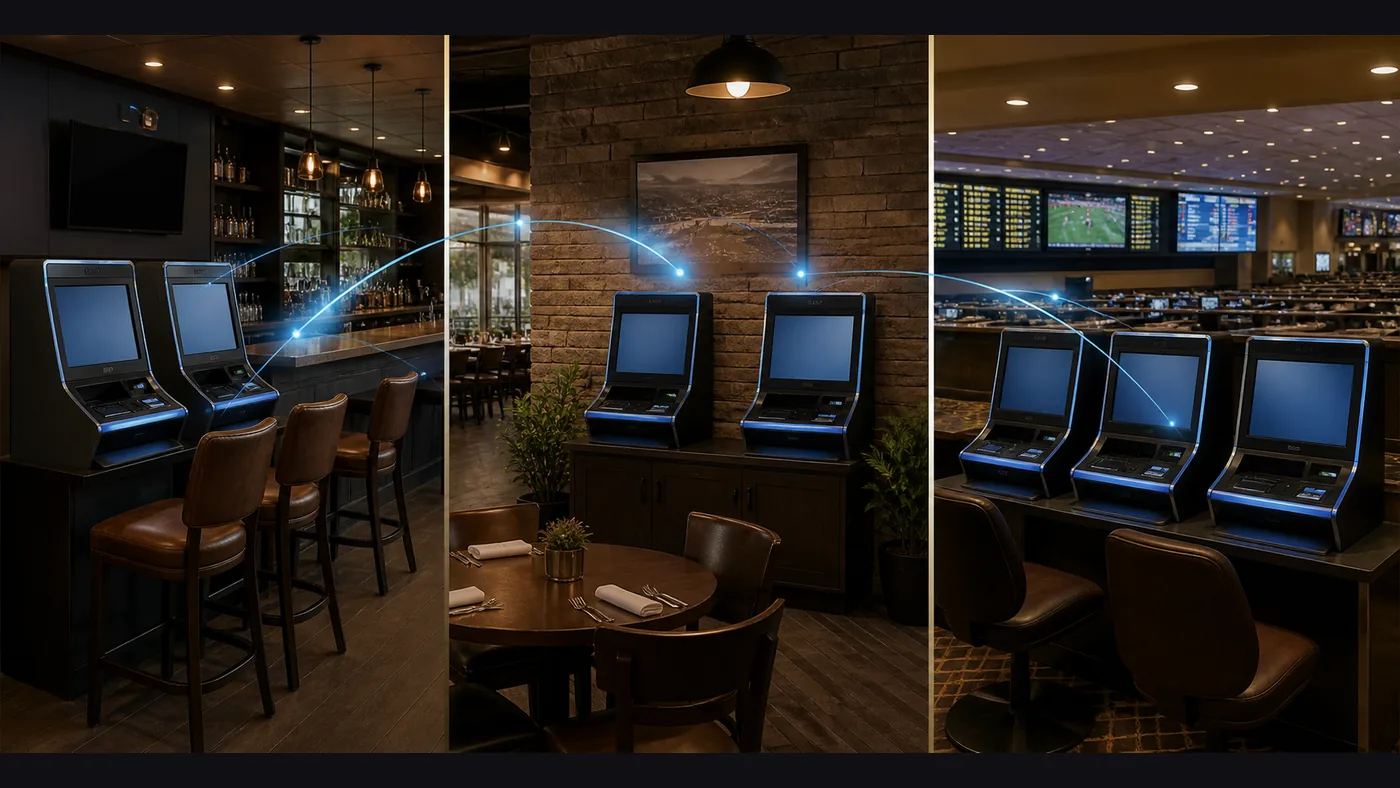 Brand-neutral electronic gaming terminals connected across local venues and a racino