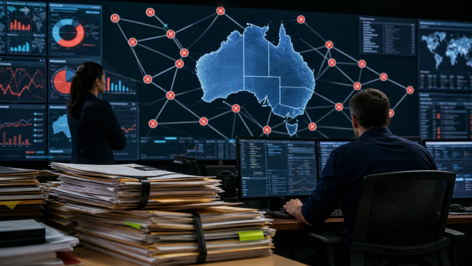 AI-generated editorial illustration of Australia's quarterly online gambling investigations and blocked domains