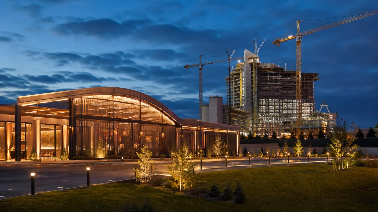 Conceptual casino development illustrating the transition from a temporary venue to a larger permanent resort in Waukegan