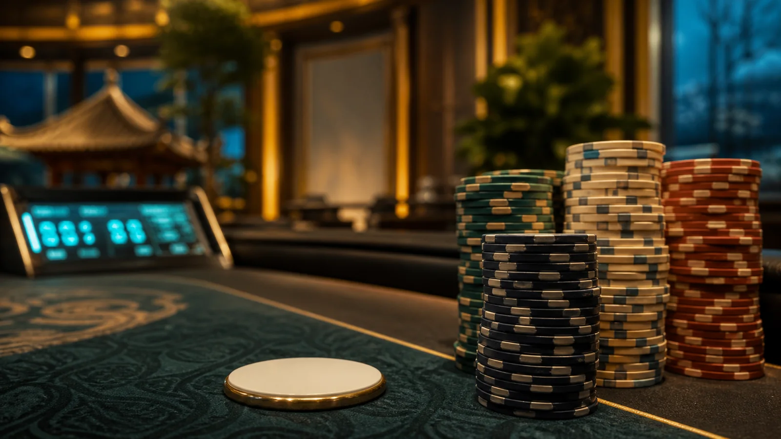 High-value poker chip stacks and dealer button illustrating the Baby Superstar Challenge tournament structure