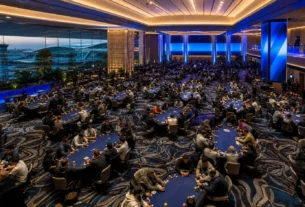 Conceptual large international poker Main Event field inside an Incheon resort