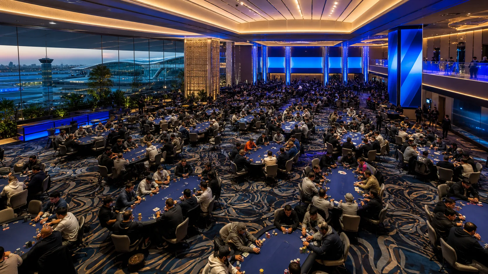 Conceptual large international poker Main Event field inside an Incheon resort