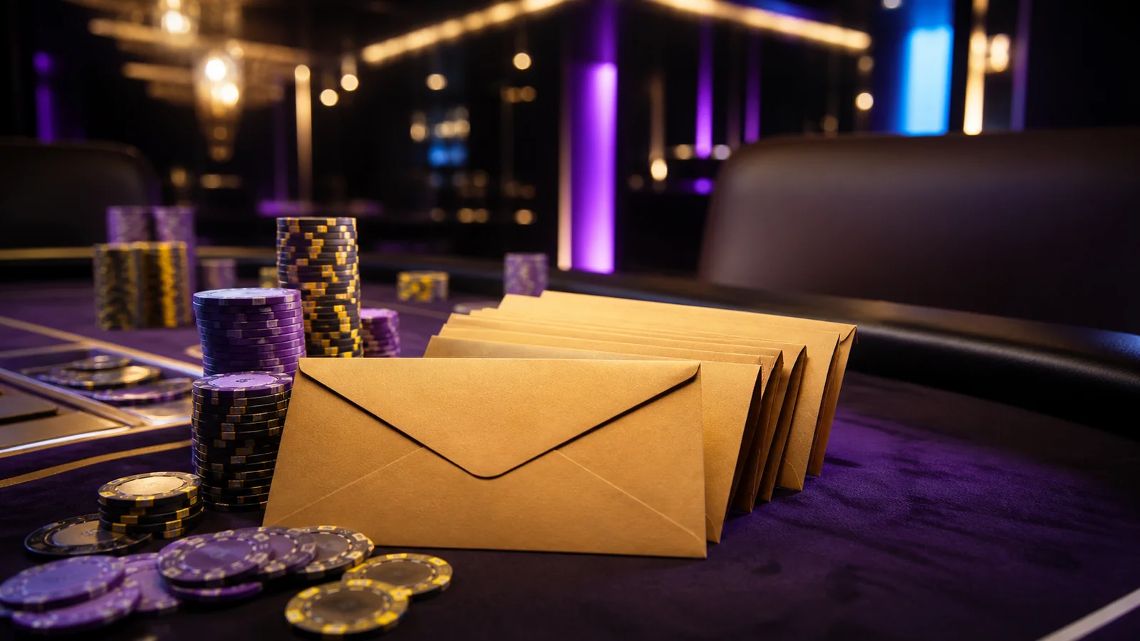 Conceptual mystery bounty high roller poker table with sealed envelopes and tournament chips