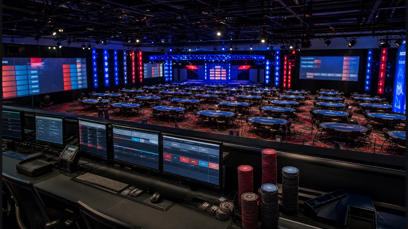 Brand-neutral poker tournament control room illustrating the scale and scheduling of a ten-day festival