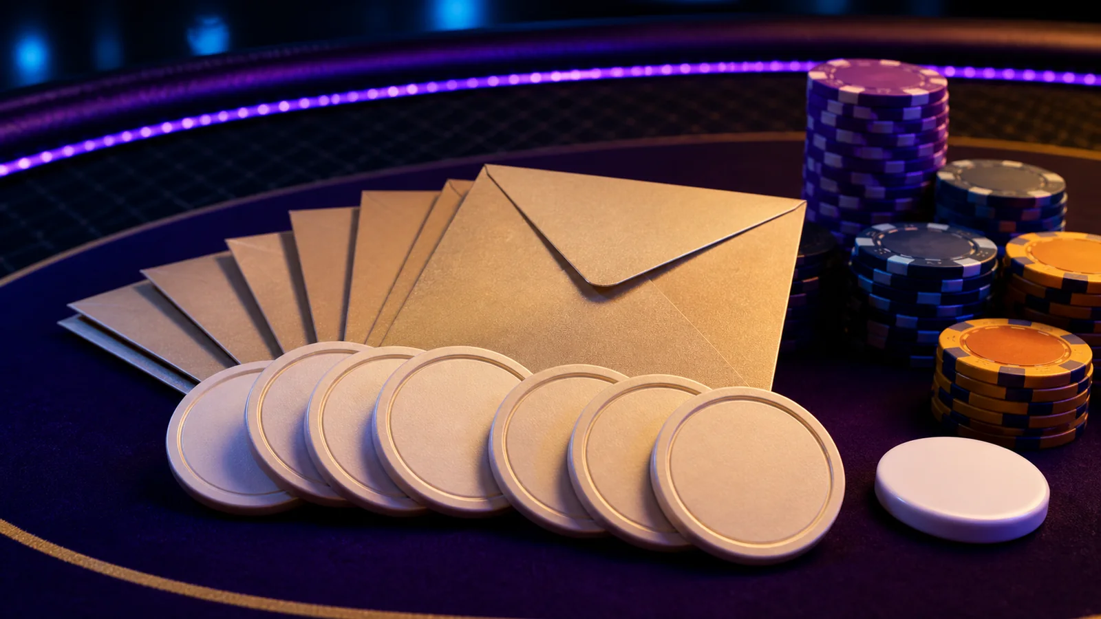 Blank bounty tokens, sealed envelopes and poker chips illustrating the mystery bounty draw mechanism