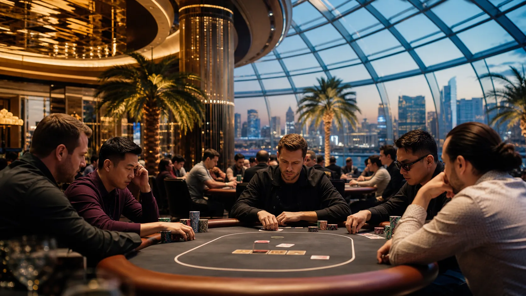 Conceptual premium poker tournament inside a tropical integrated resort in Manila