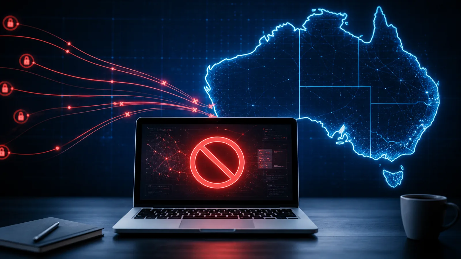 AI-generated editorial illustration of Australia blocking illegal offshore online gambling websites
