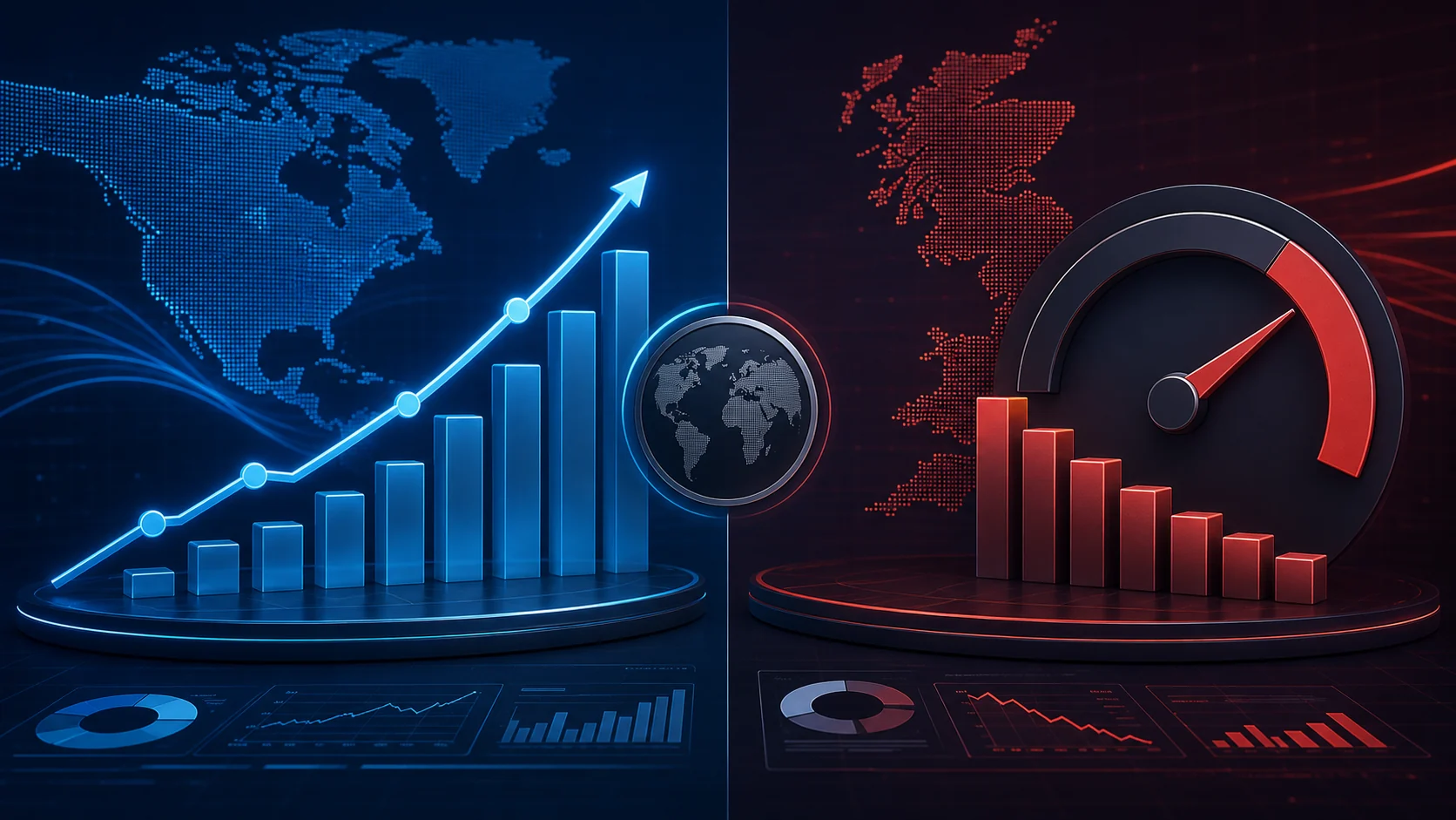 Illustrative dashboard contrasting North American interactive growth with UK gaming tax pressure