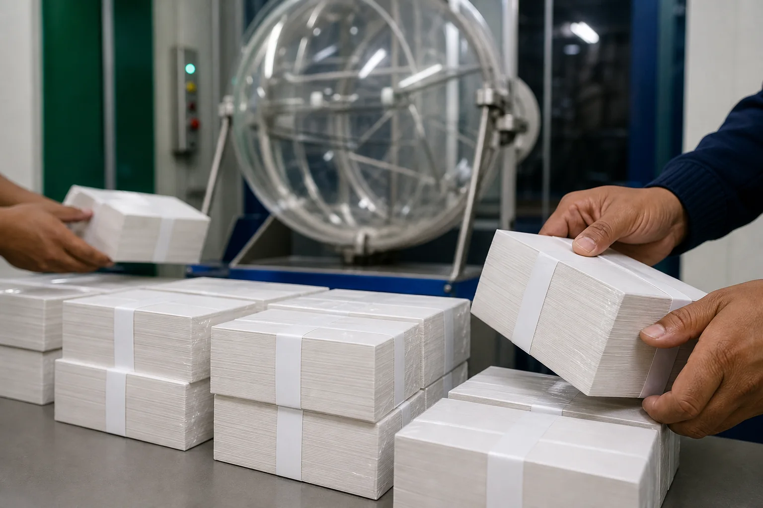 Blank ticket stock prepared beside lottery draw equipment during an operational restart