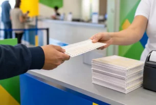 Adult customer receiving a generic lottery ticket at a Brazilian retail counter as Loteria Federal sales return