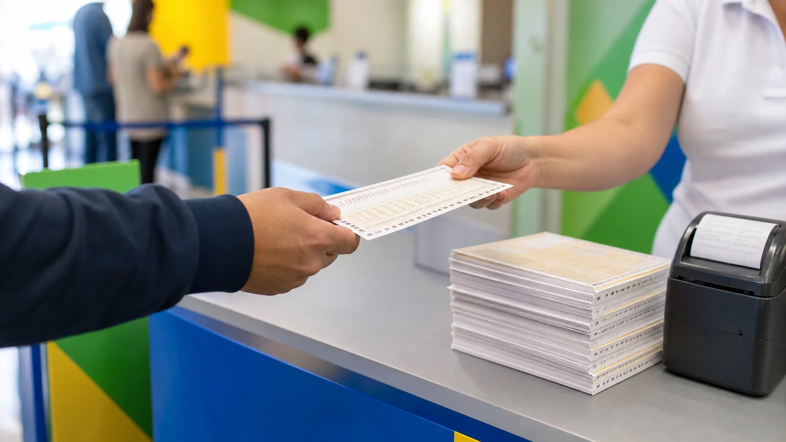Adult customer receiving a generic lottery ticket at a Brazilian retail counter as Loteria Federal sales return