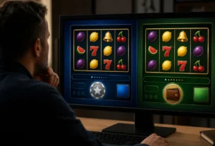 Adult comparing matching free-play and real-money casino game interfaces on one screen