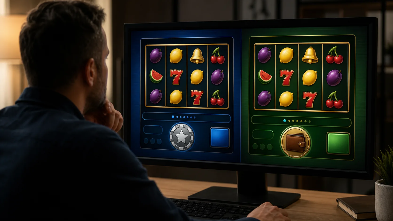 Adult comparing matching free-play and real-money casino game interfaces on one screen