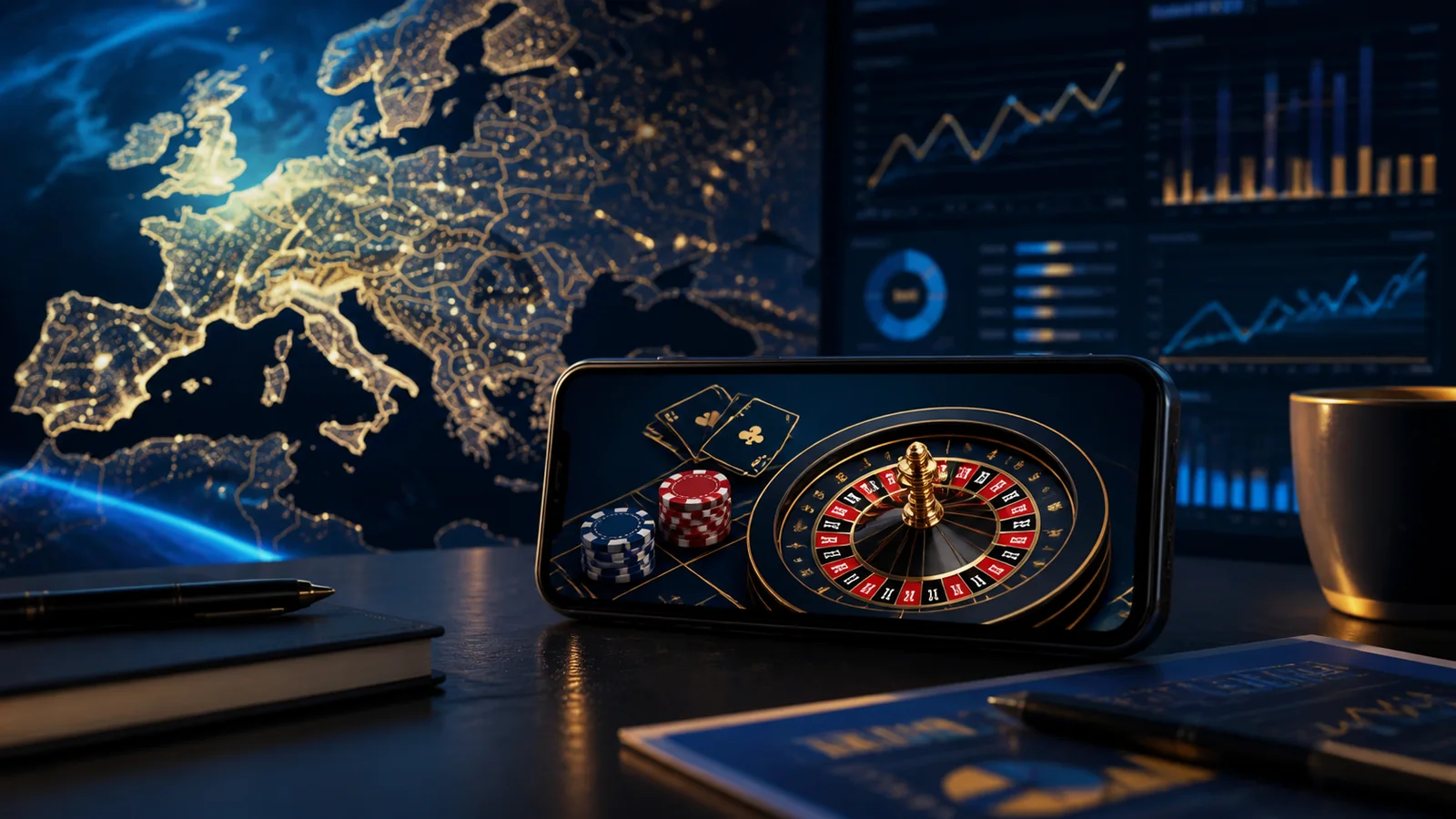 Generic mobile casino interface with European map and analytics illustrating DoubleDown's social casino and iGaming businesses