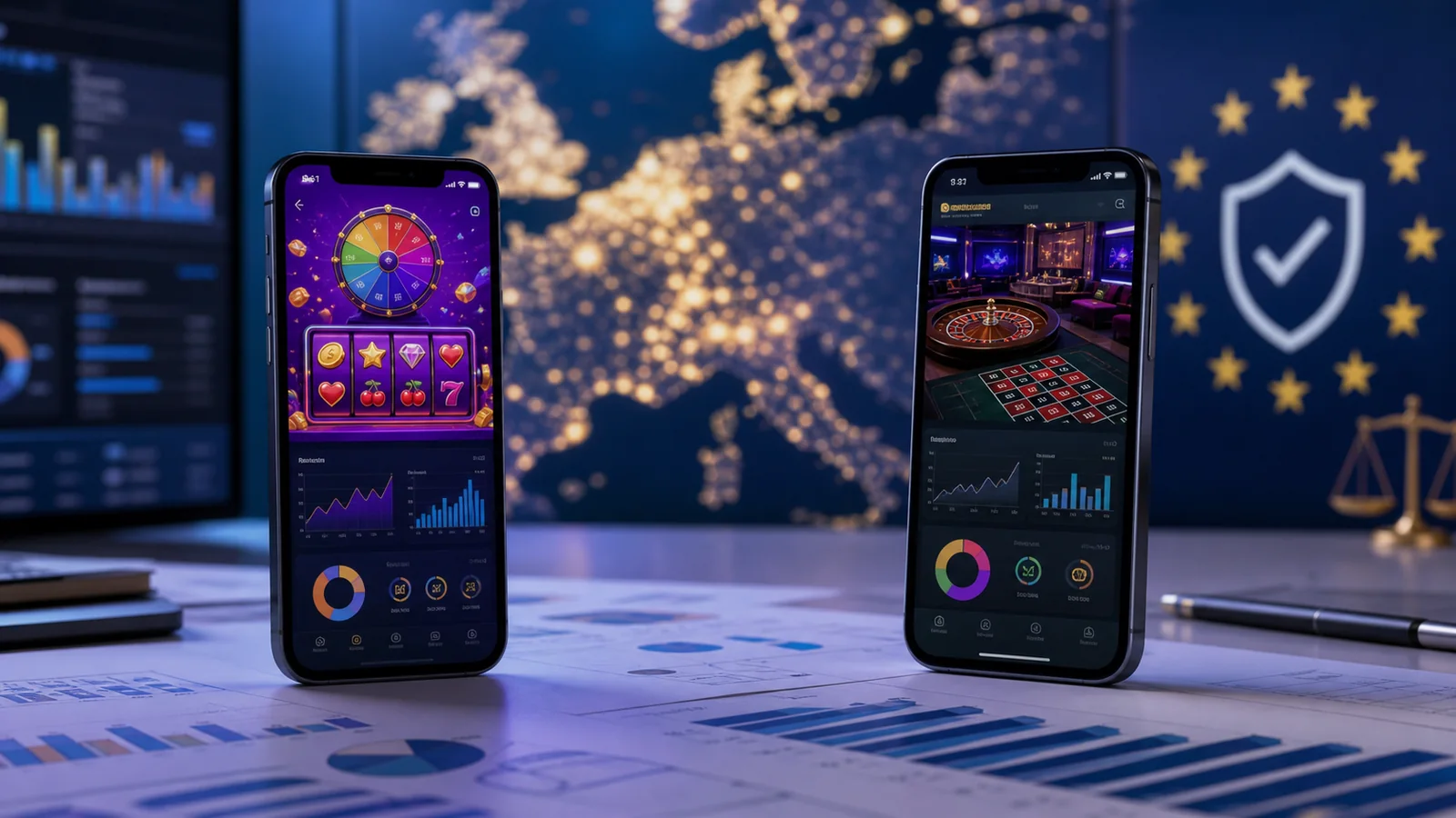 Two generic mobile casino interfaces illustrating social casino engagement and regulated European iGaming operations