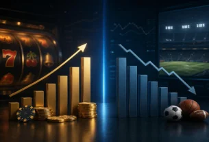 Conceptual comparison of rising online casino revenue and weaker sports betting revenue in DraftKings second-quarter results