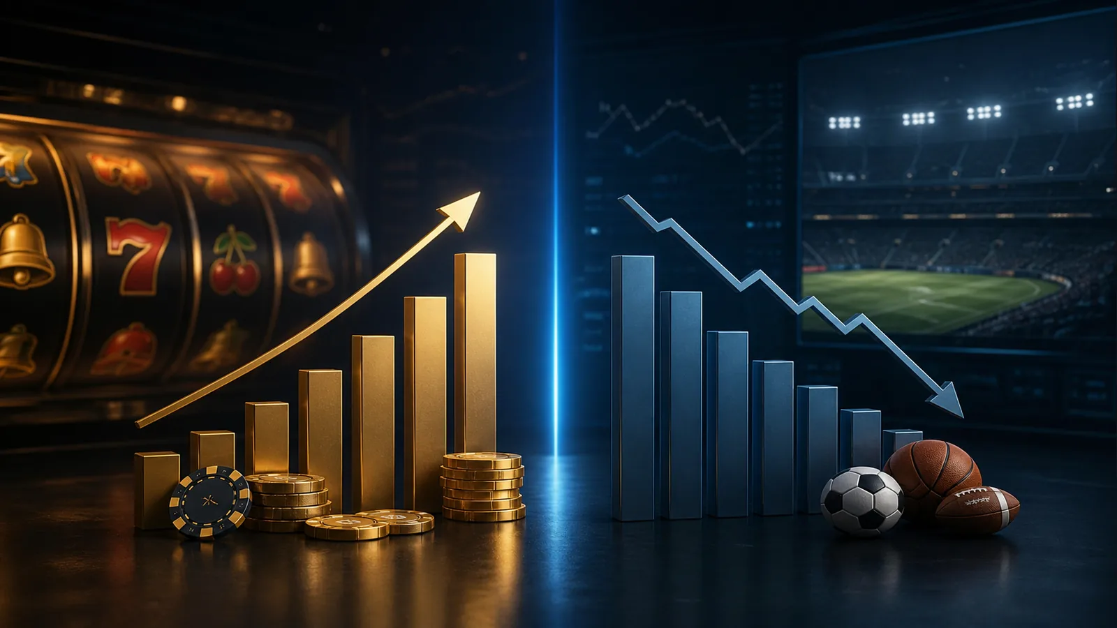 Conceptual comparison of rising online casino revenue and weaker sports betting revenue in DraftKings second-quarter results