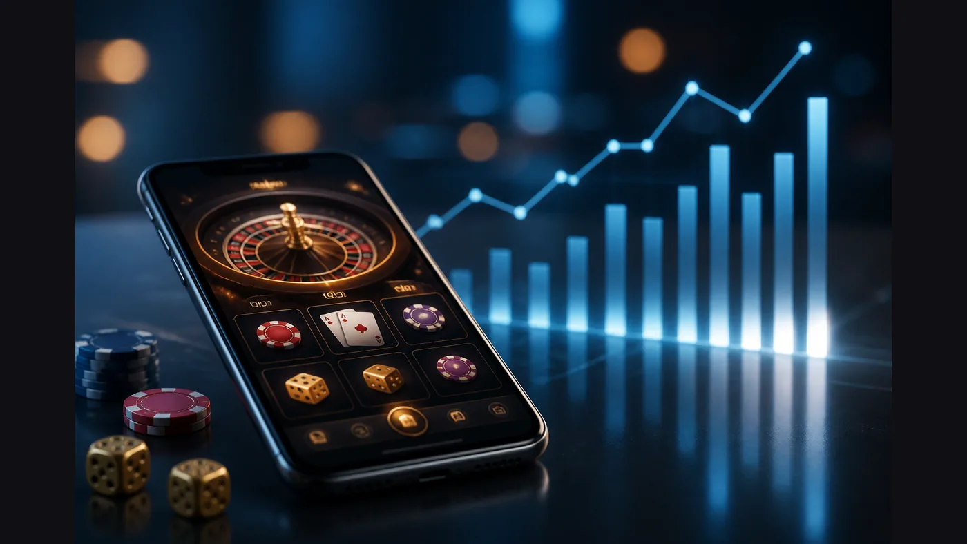 Brand-neutral mobile casino interface and analytics illustrating higher iGaming revenue and customer engagement