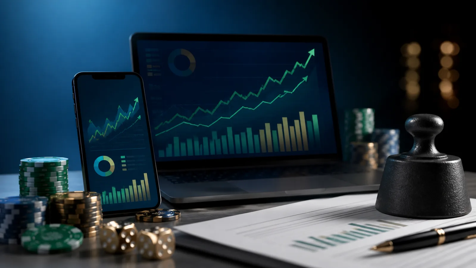 Online gambling revenue charts illustrating Entain's H1 digital growth and tax pressure