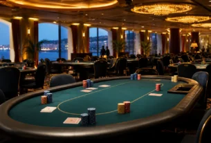 AI-generated editorial illustration of a live poker tournament room overlooking the Barcelona waterfront