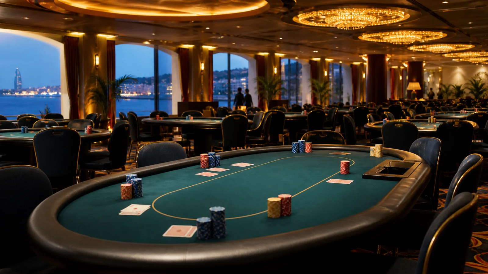 AI-generated editorial illustration of a live poker tournament room overlooking the Barcelona waterfront