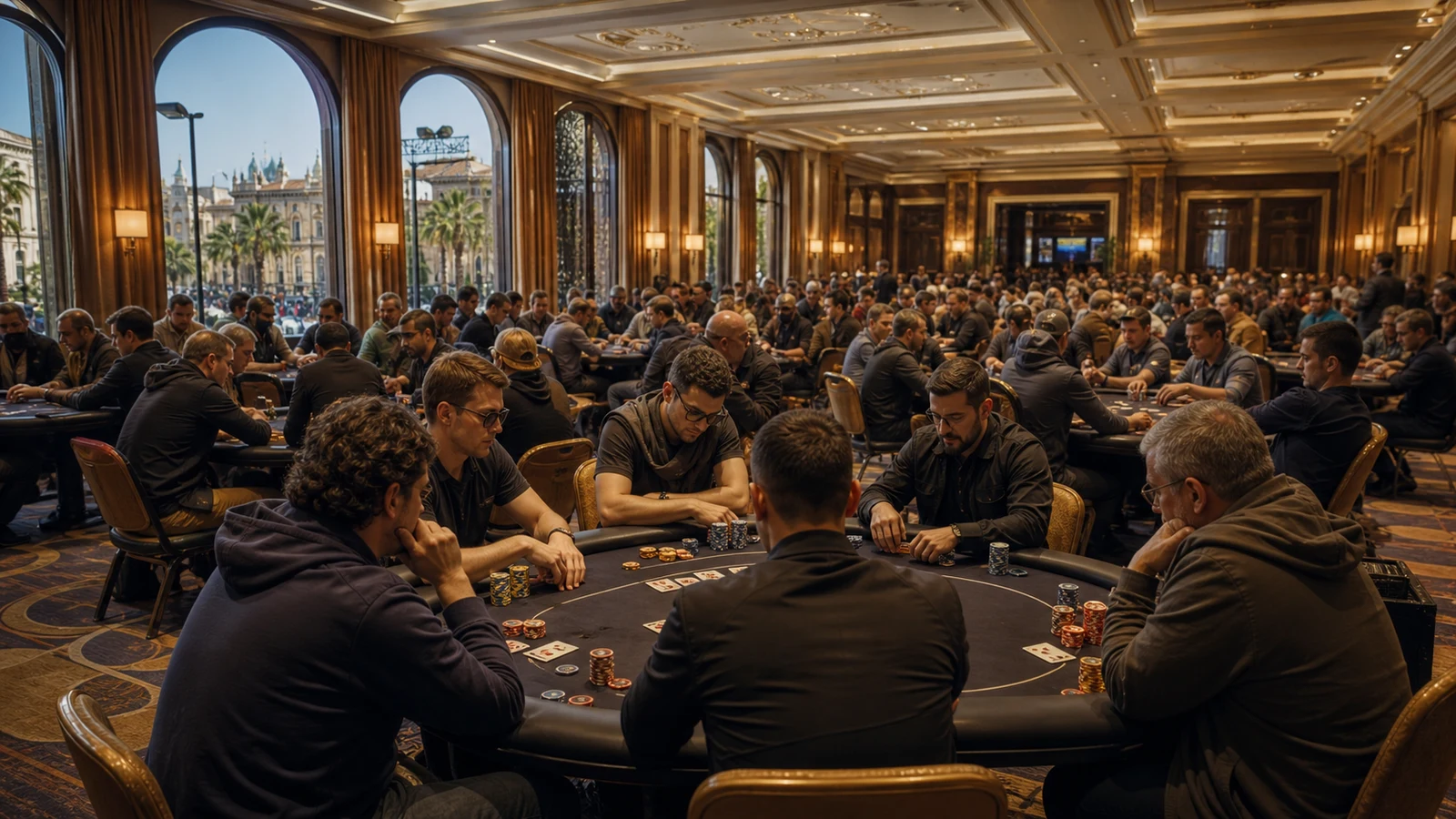 AI-generated editorial illustration of a large international poker tournament in Barcelona