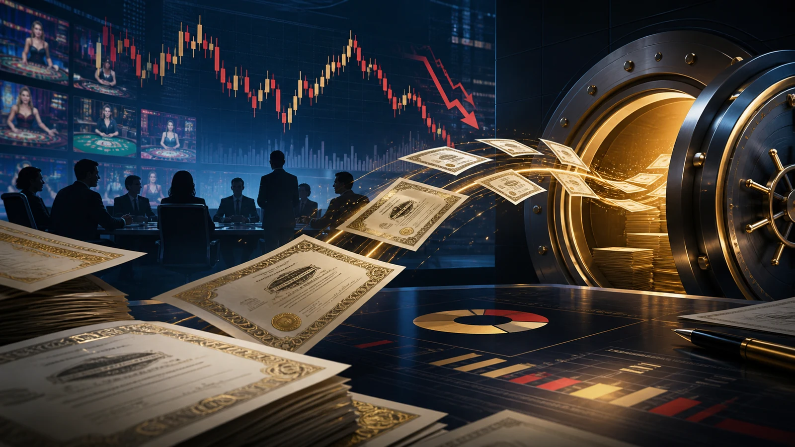 AI-generated editorial illustration of an online casino supplier share buyback and capital structure