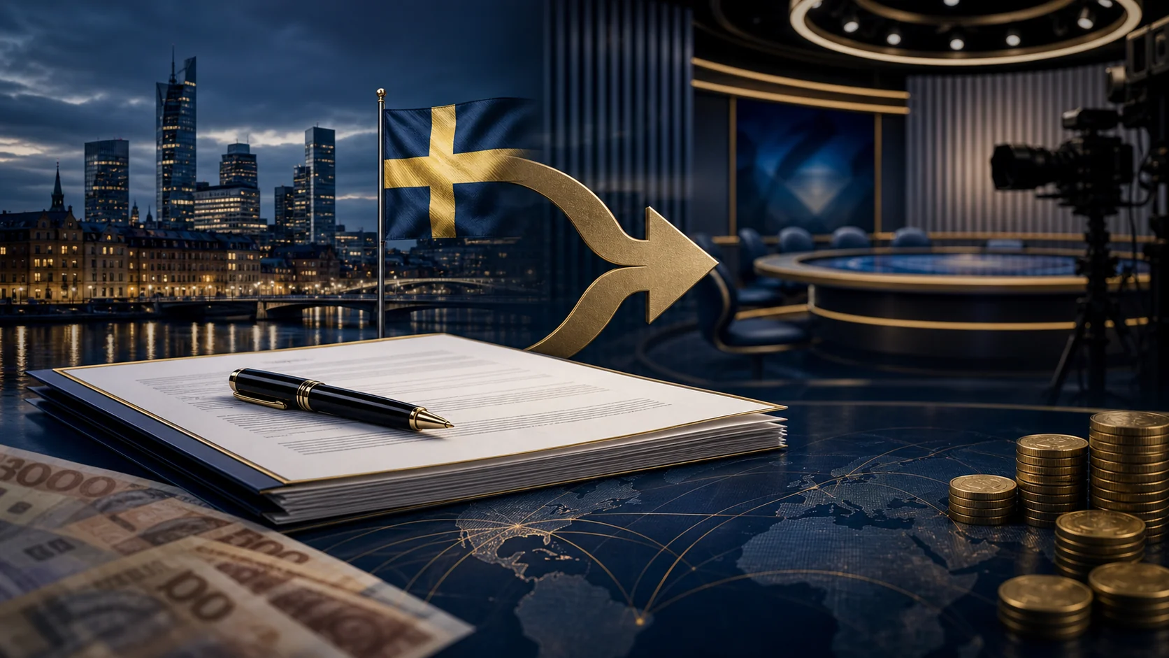 Illustrative Swedish takeover document and live casino studio representing Candle Lake's Evolution offer