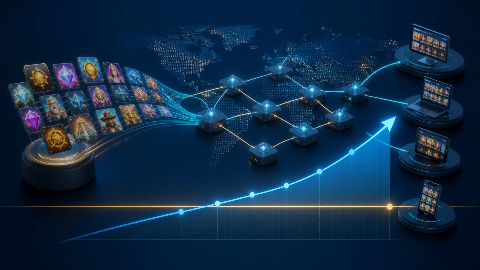 Illustrative iGaming content distribution network and revenue curve approaching break-even