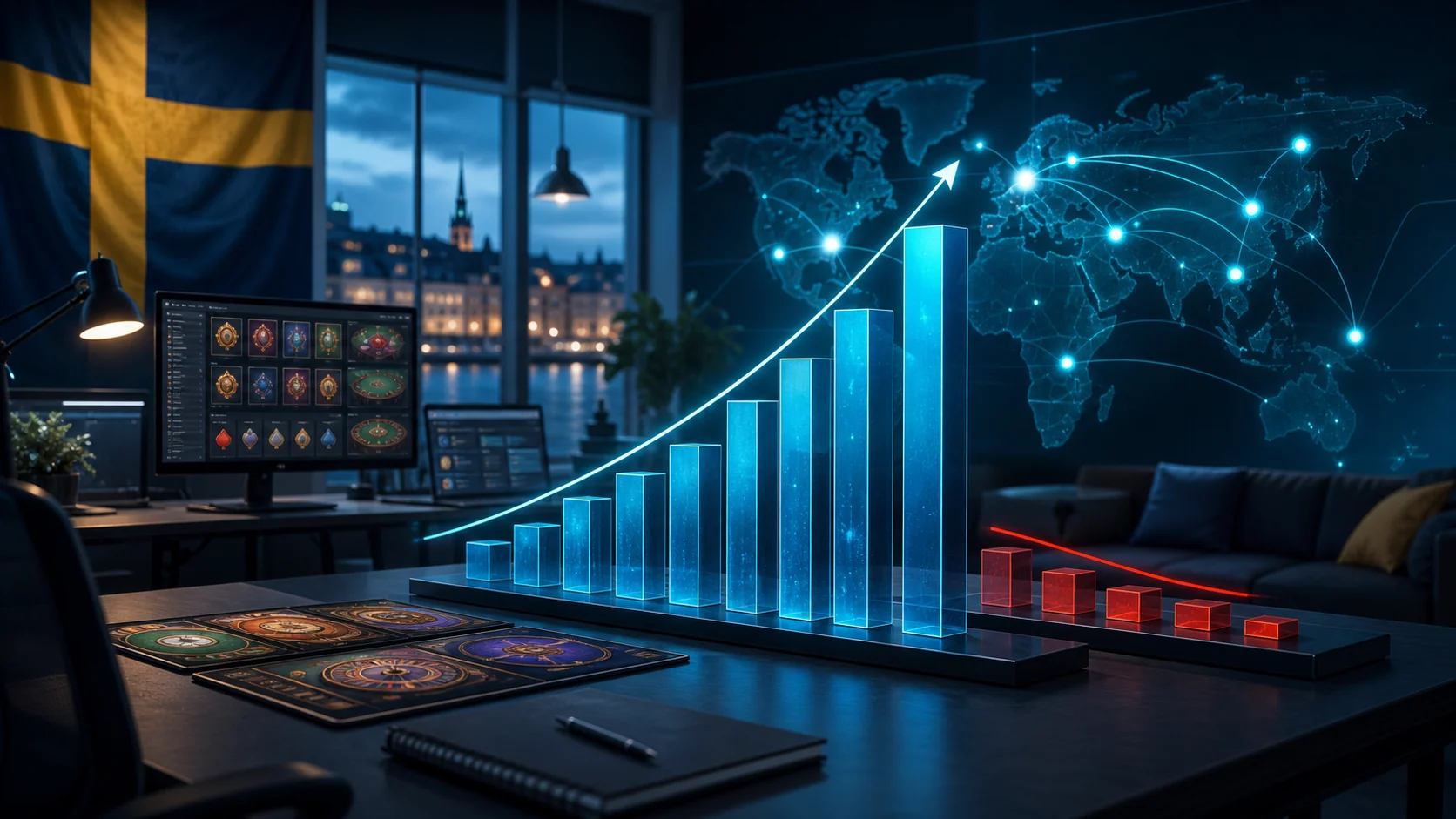 Illustrative Swedish iGaming studio and global distribution chart representing Gaming Corps revenue growth