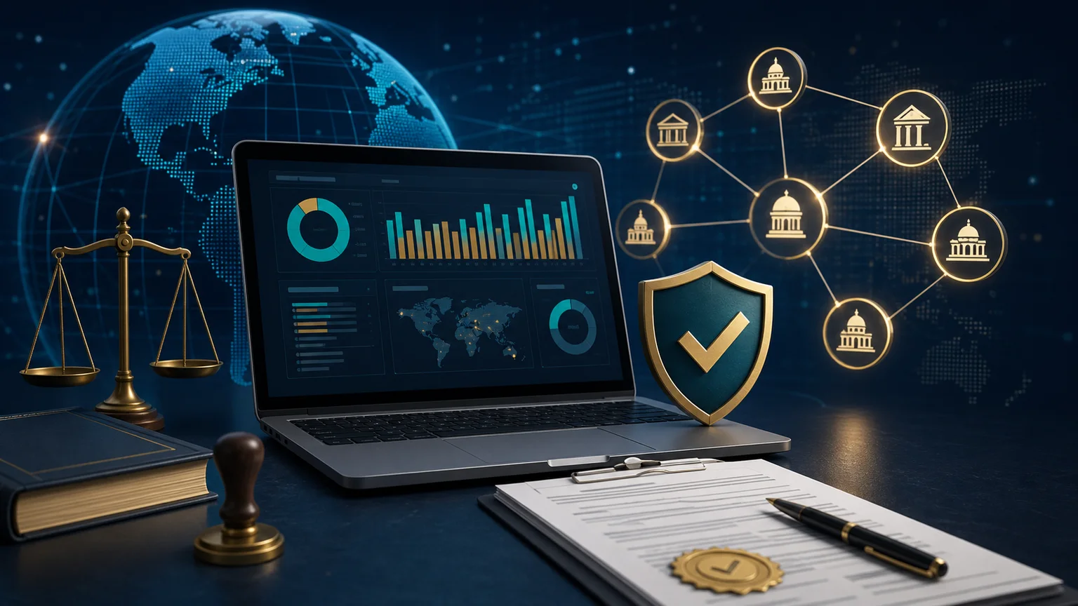 AI-generated editorial illustration of global gambling advertising certification and licence verification