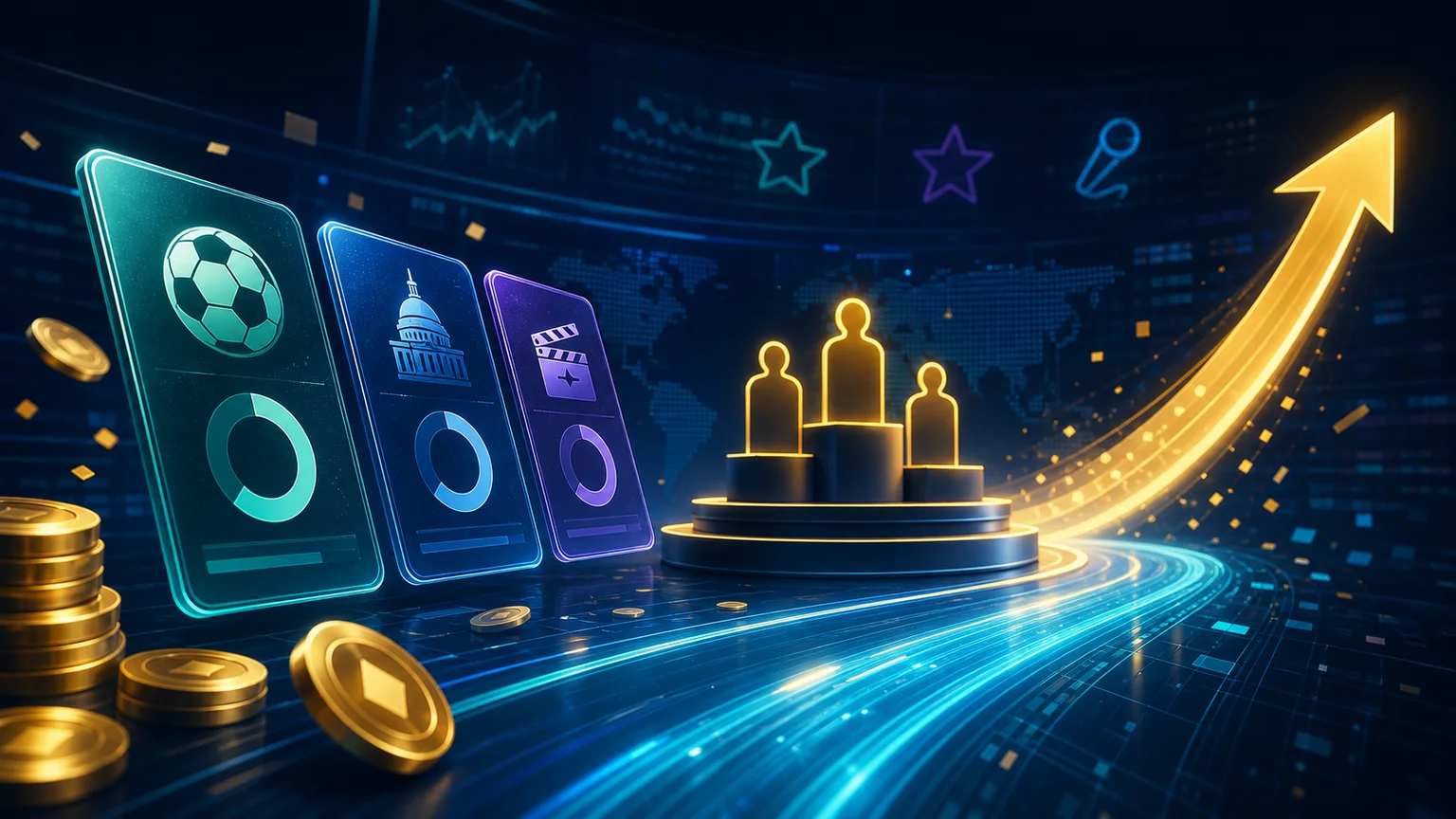 AI-generated editorial illustration of a free prediction challenge and planned commercial product launch