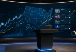 Editorial illustration of a virtual investor presentation about U.S. prediction markets and online gaming strategy