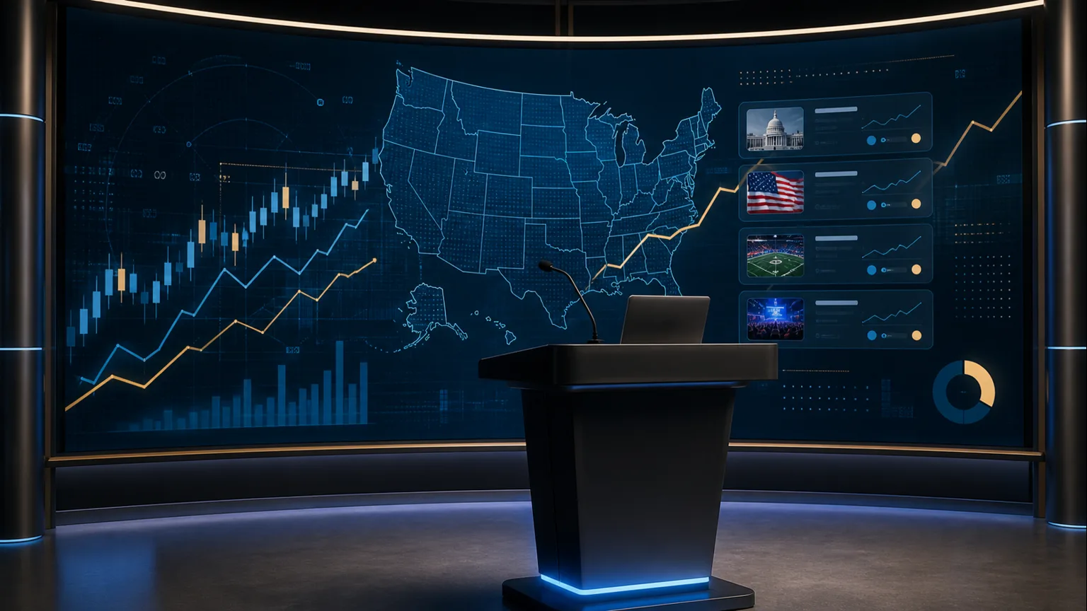 Editorial illustration of a virtual investor presentation about U.S. prediction markets and online gaming strategy