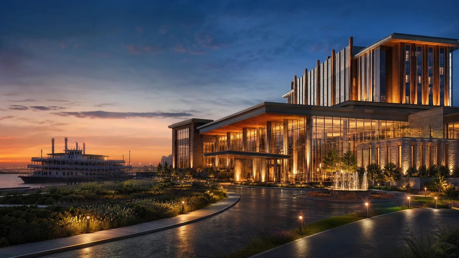 AI-generated concept of a future landside New Orleans casino replacing an older riverboat venue