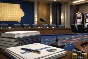 AI-generated editorial illustration of an Iowa public hearing on casino game rules and progressive jackpots