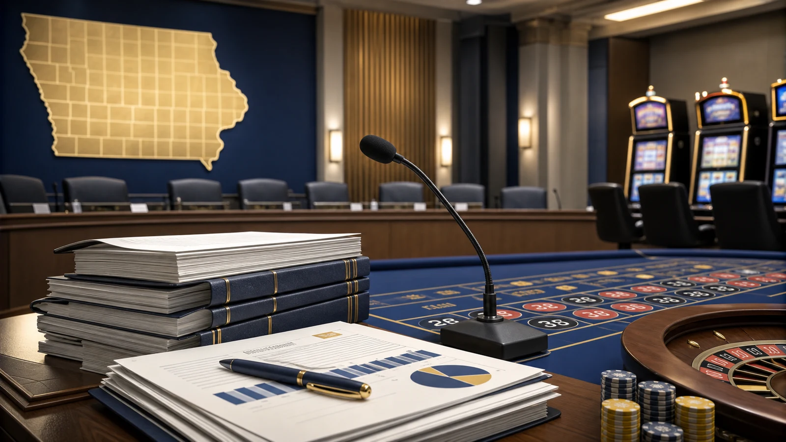 AI-generated editorial illustration of an Iowa public hearing on casino game rules and progressive jackpots
