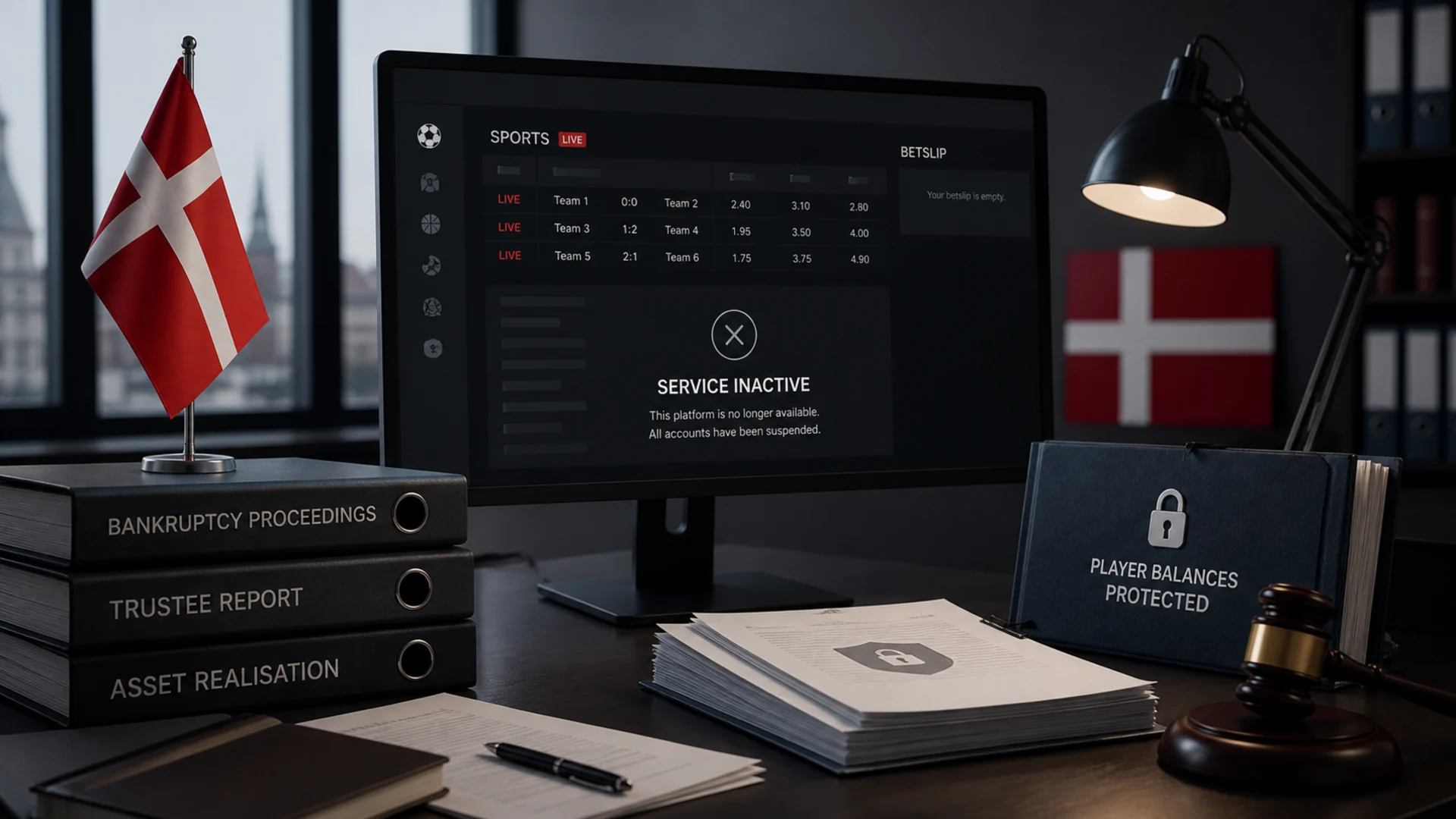 AI-generated editorial illustration of Jackpotbet bankruptcy, revoked Danish gambling licences and protected player balances