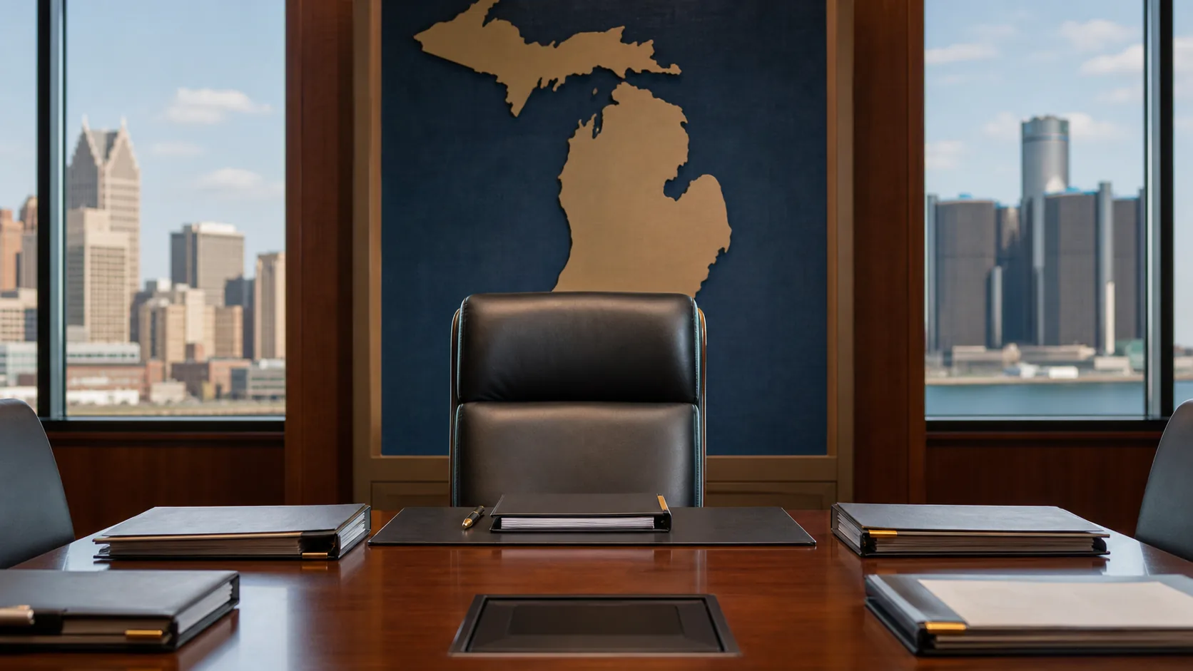 Empty chair in a Detroit regulatory boardroom representing new Michigan Gaming Control Board leadership