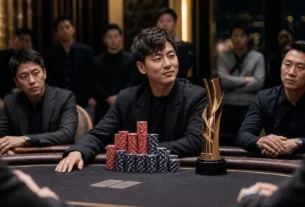 Conceptual Asian high roller poker champion seated behind tournament chips and an abstract trophy