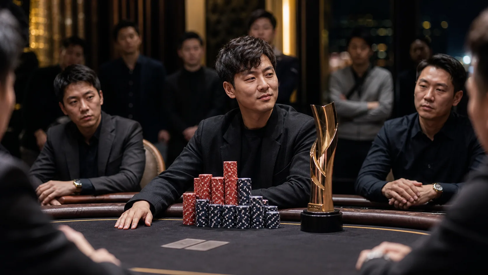 Conceptual Asian high roller poker champion seated behind tournament chips and an abstract trophy