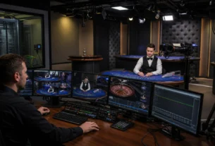 Professional live dealer casino studio with monitored table cameras and operational supervision