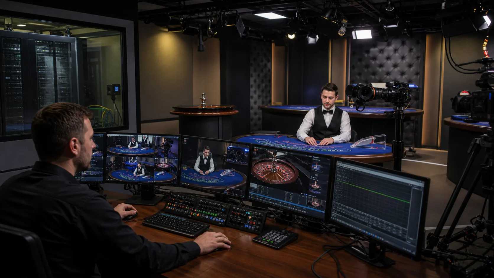 Professional live dealer casino studio with monitored table cameras and operational supervision