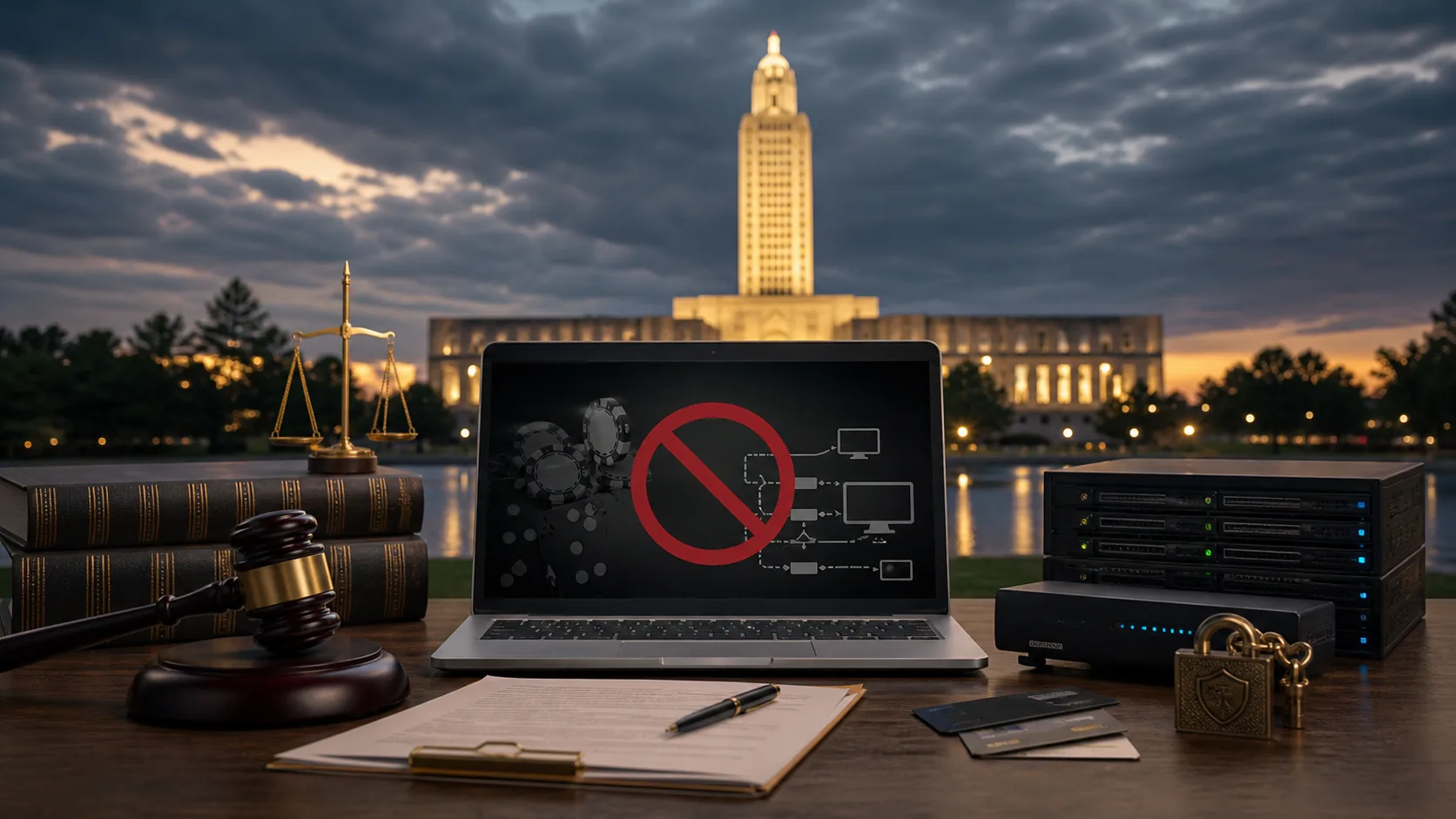 Louisiana online gambling enforcement represented by legal documents, a blocked laptop and secure servers