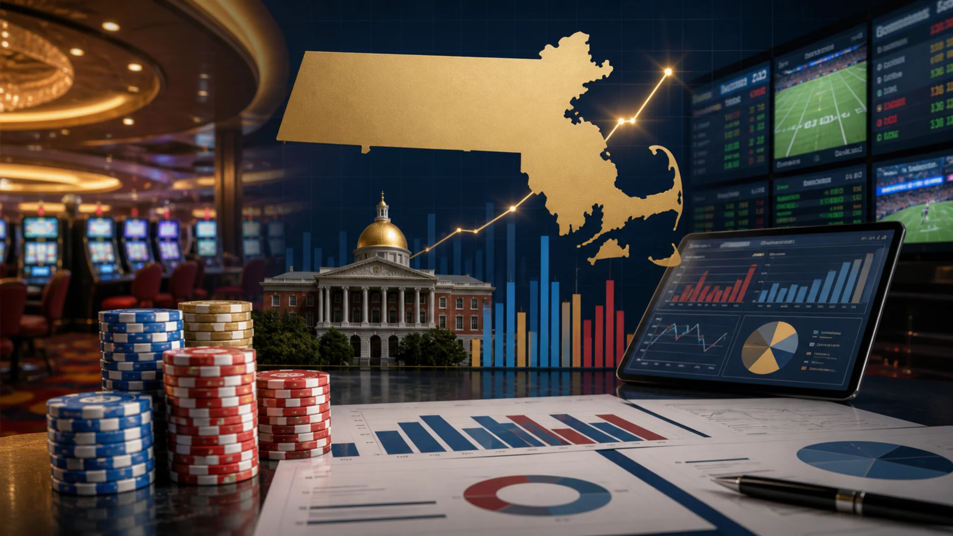 AI-generated editorial illustration of Massachusetts July 2026 casino and sports wagering revenue statistics