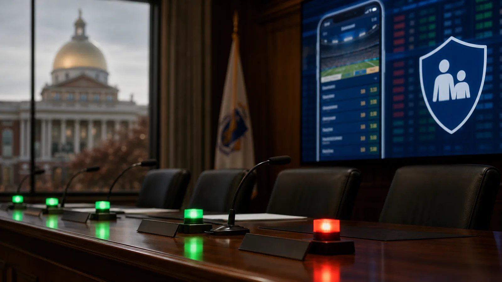 Massachusetts regulatory meeting table with sportsbook screens and responsible gambling symbol