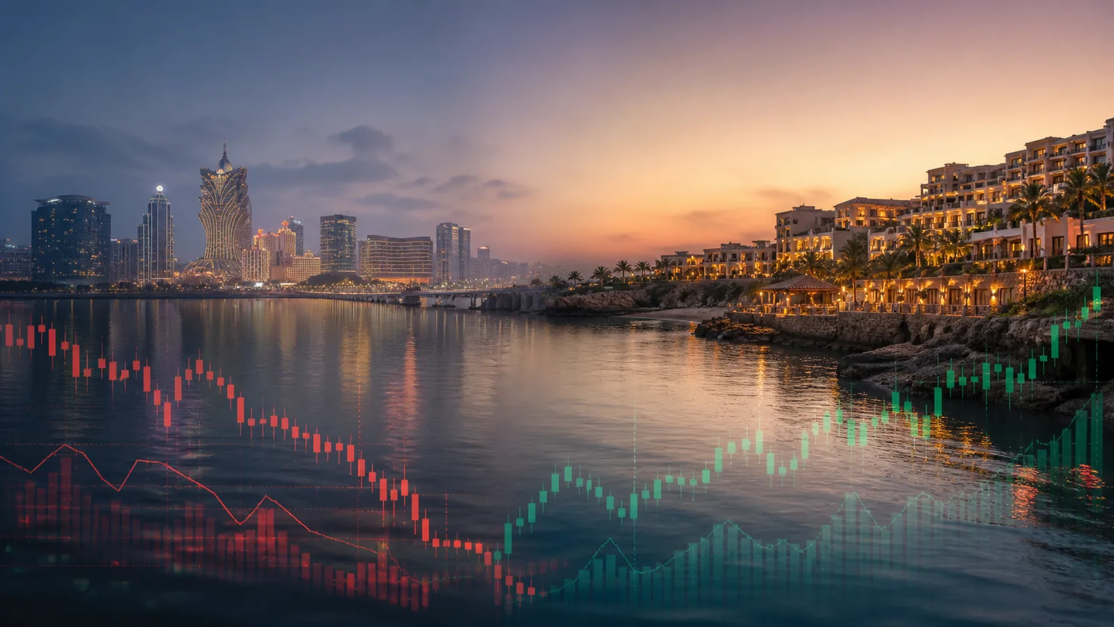 Macau and Cyprus resort skylines illustrating Melco's contrasting Q2 casino performance